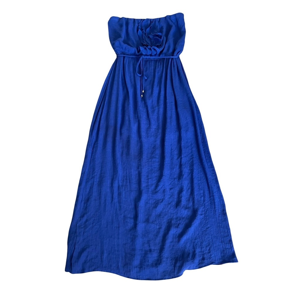 Corey P Womens Blue Strapless Maxi Dress Large Ruffle Front Tie Waist Textured - Picture 9 of 14